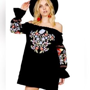FREE PEOPLE Fleur Du Jour Cream Embroidered Off Shoulder Mini Dress Medium